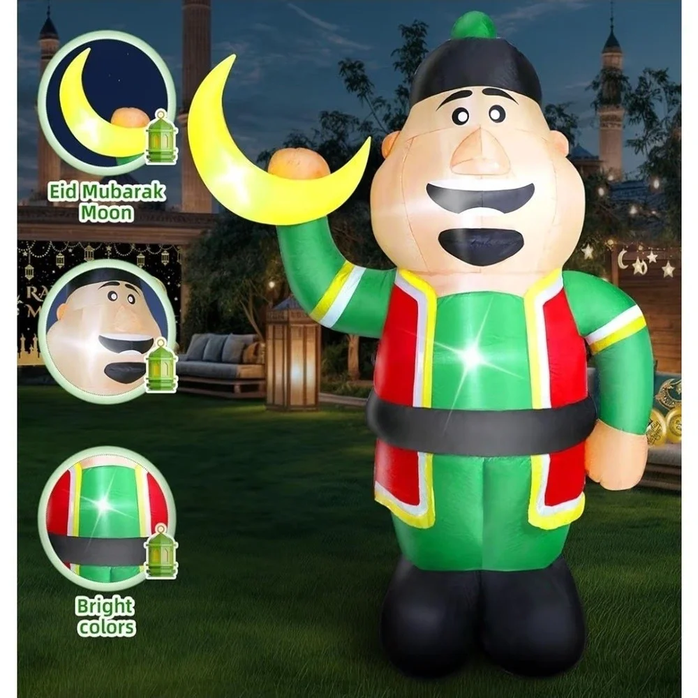 Ramadan Inflatable Decorations 7Ft, Eid Mubarak Moon Inflatable with 4 Bright LE